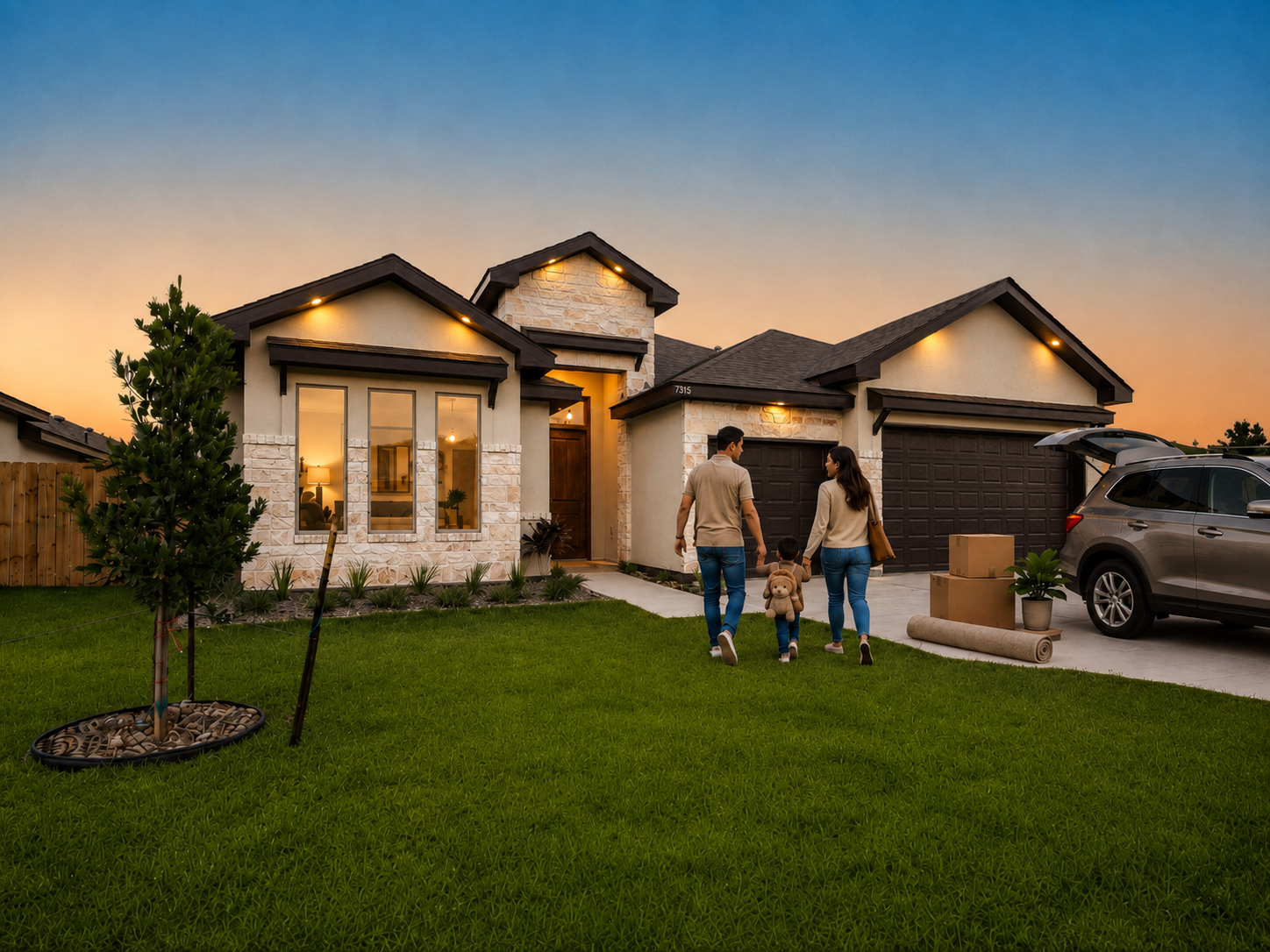 A family walks up the driveway toward their new stone-front home at sunset, with moving boxes and an SUV parked nearby